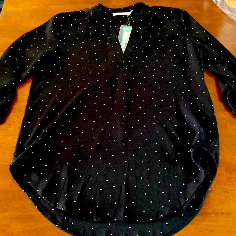 Split neck blouse black w white polka dots